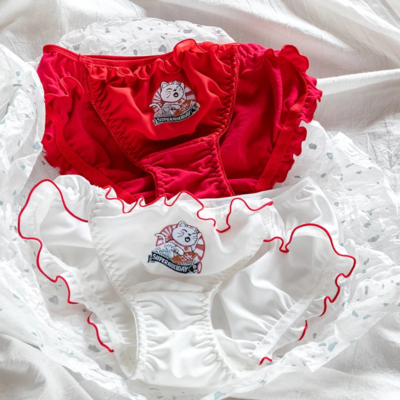 

Lolita Milk Silk Ruffles Cute Cat Embroidery Cartoon Ruffles Low Waist Panties Japanese Style Sweet Women's Comfortable Briefs