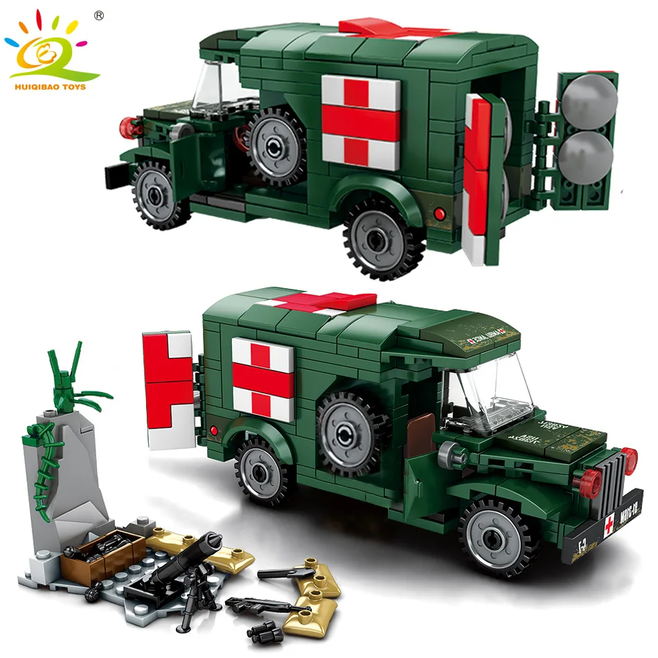 Günstig HUIQIBAO SPIELZEUG 2SETS Military US Krankenwagen Soldat Figur Bausteine Für Kinder Kompatibel legoinglys WW2 Armee Lkw ziegel