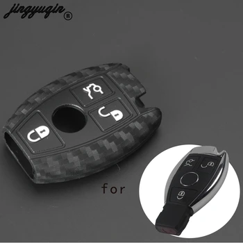 

jingyuqin Carbon Fiber Silicone Car Key Case Fob Cover For Mercedes Benz CLS CLA GL R SLK AMG A B C S Class 3 Buttons Protected