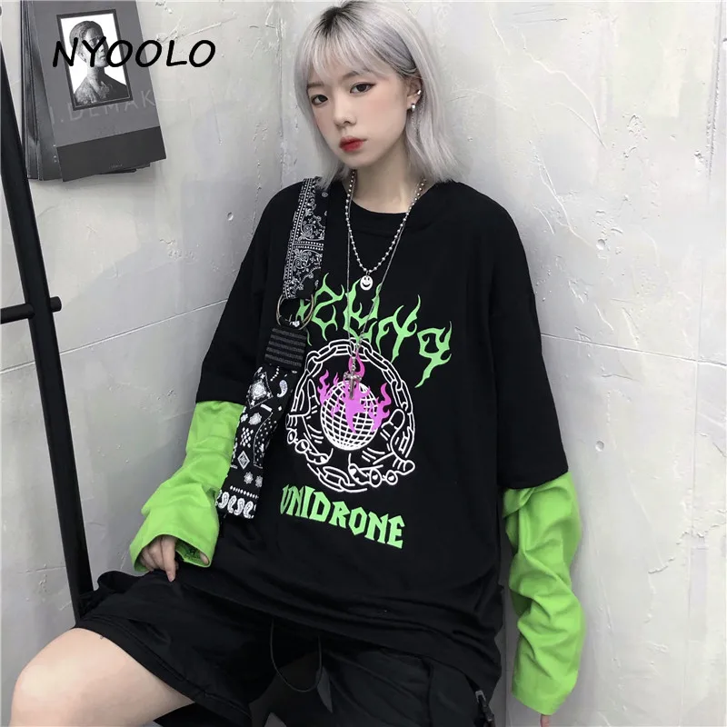 

NYOOLO Harajuku fluorescent green letters print fake 2 piece patchwork tee shirt Autumn street long sleeve T-shirt women men top