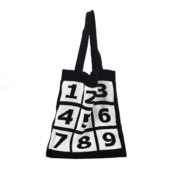 

new design Fashion Women Knitting Number Handle Bags Foldable Open Shopping Bags School Women Bag