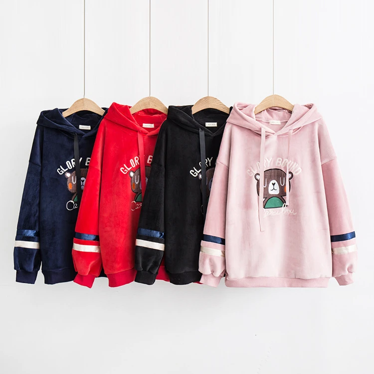 Harajuku кавайный мультяшный медведь вышивка Кофты для женщин зима плюс бархат теплый сладкий розовый толстовки для девочек с ушками на капюшоне
