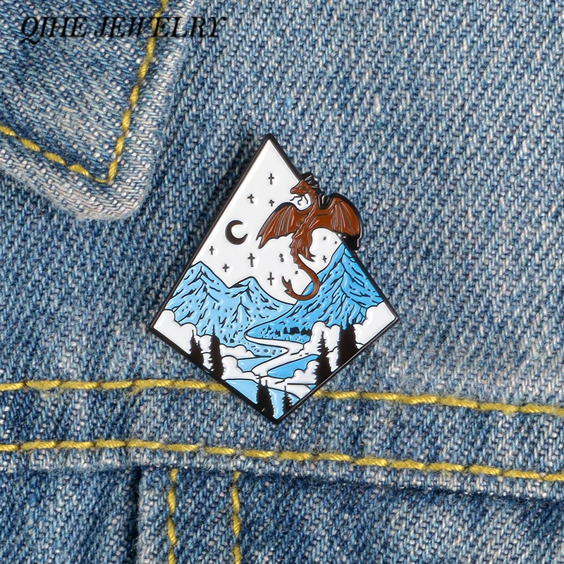 QIHE JEWELRY Nature Night Views Pins Dragon Brooches Enamel pins Stat Mountain River Badges Jewelry Gift for Friends