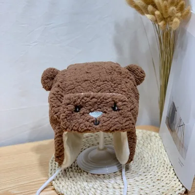 brown baby hat Зимняя детская шапка с меховым помпоном, зимняя шапка, теплая шапка с ушками для малышей, вязаная шапка, зимняя шапка для малышей - Цвет: brown baby hat