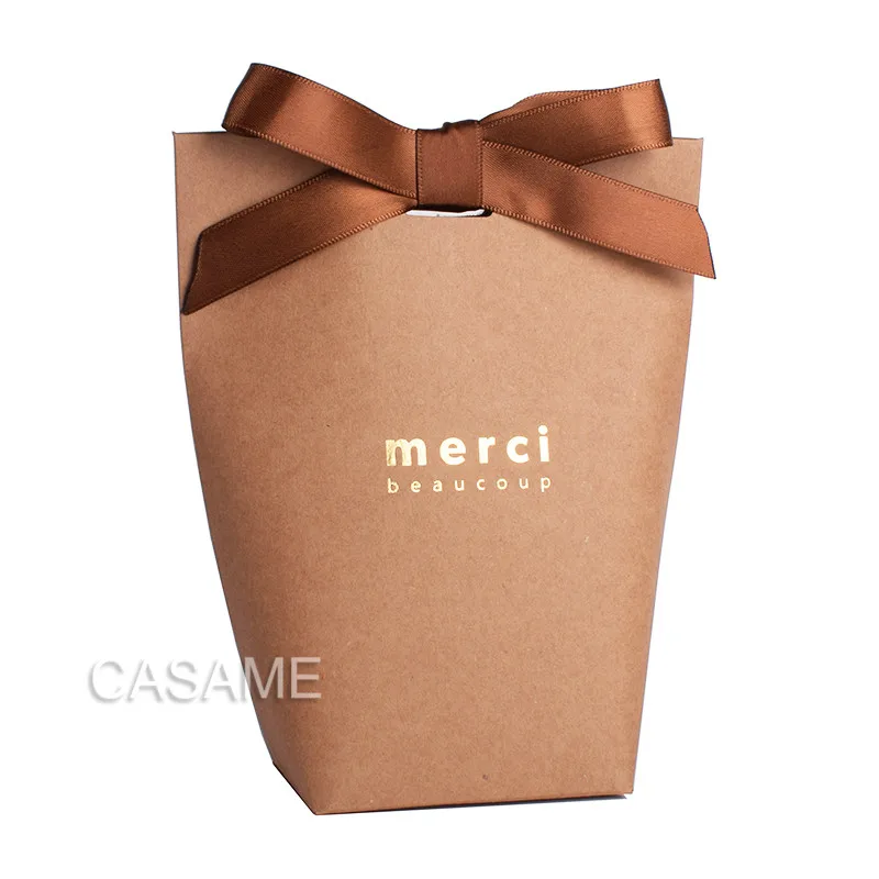 5pcs Upscale Black White Bronzing "Merci" Candy Bag French Thank You Wedding Favors Gift Box Package Birthday Party Favor Bags - Цвет: Large Brown Merci