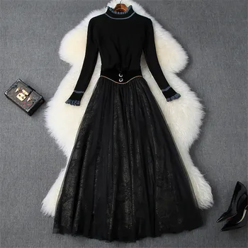 

Runway Designer 2Piece Skirt Set Women 2019 Fashion Autumn Winter Outfits Ruffles Neck Sweater and High Waist Tulle Skirt Sets