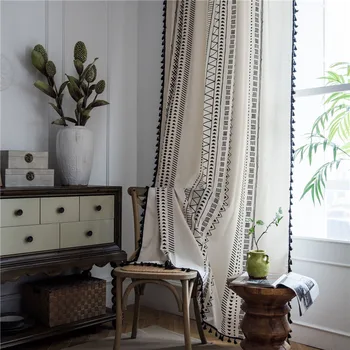 

Bohemian Light Beige Geometric Curtain for Living Room Romantic Black Tassel Cotton Linen Blinds Finished Curtain Drapes m213C