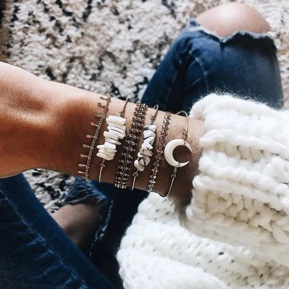 Style18 Boho ювелирные изделия Многослойные кисточкой Лунная ракушка бусины в форме цветка Шарм браслеты на запястье для Для женщин браслет дружбы набор - Окраска металла: Style18