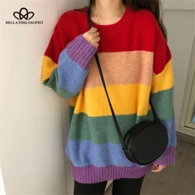 Bella philoosphy, Осенний Радужный свитер, женский джемпер Harajuku, Полосатый пуловер, свободные свитера, корейский стиль, винтажная вязаная одежда