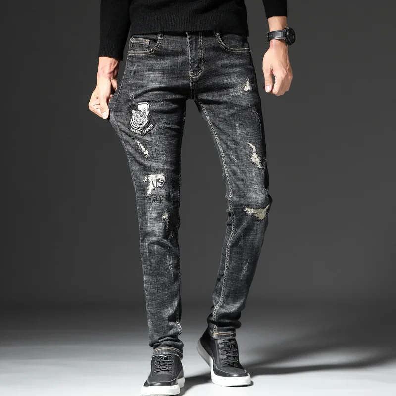 

Ozhouzhan with Holes Autumn And Winter Autumn Embroidered Gray Jeans Men's Popular Brand Elasticity Slim Fit pencil pants Long P