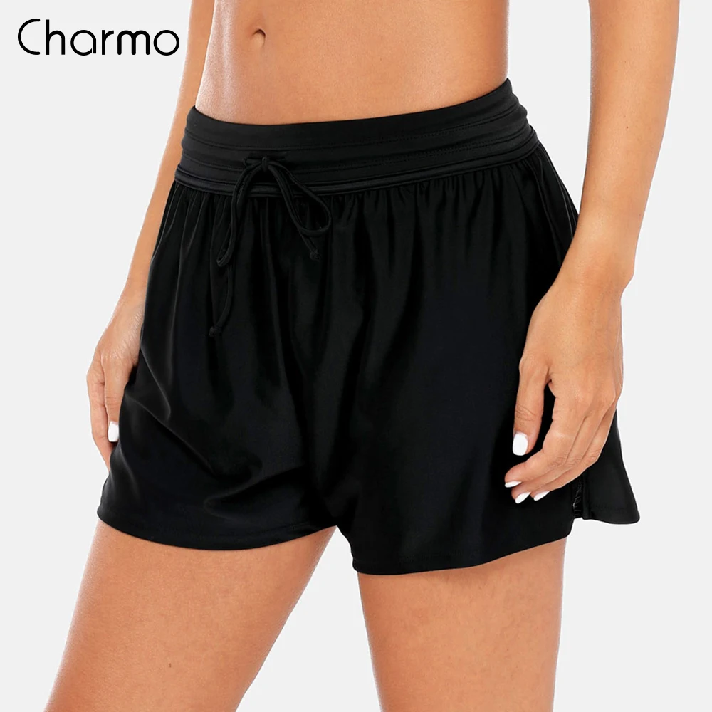 Charmo Women Swimming Shorts Patchwork Bikini Bottom Strappy Adjustable Swimwear Briefs Boy Shorts Swimming Trunks