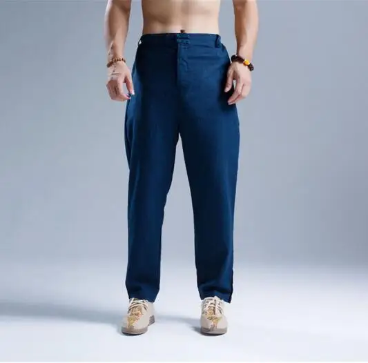 Navy Blue Мужские хлопковые льняные брюки дышащие двойные китайская пуговица повседневные льняные брюки мужские мягкие натуральные льняные шаровары 4 цвета - Цвет: Navy Blue