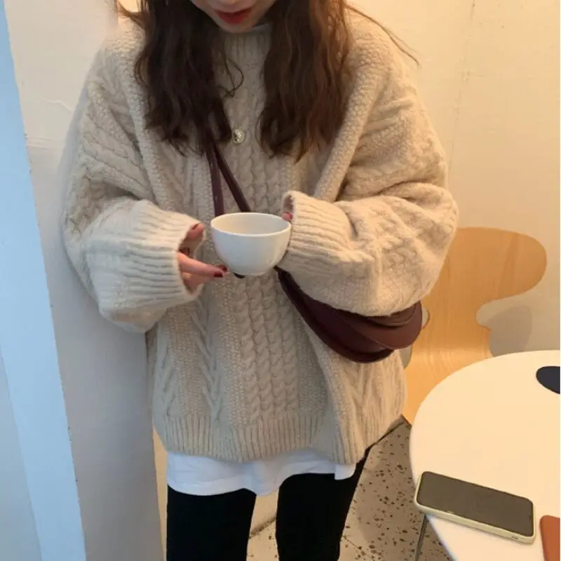 Retorcido suéter de punto de mujer o-Cuello de manga larga suelta jerséis informales Otoño Invierno jerséis retro ropa de calle Chic 2020 X557