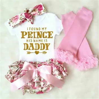 

Newborn Baby Girls My Prince Is Daddy Romper Floral Shorts Dress Outfits Set