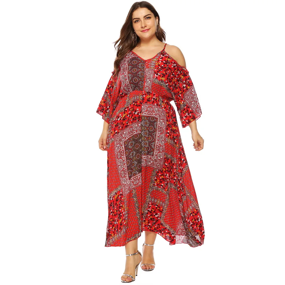 

Spaghetti Strap Women Dress Plus Size 3/4 Sleeve Large Size Lady Midi Dress Summer Floral Printed Loose V Neck Female Dress D30