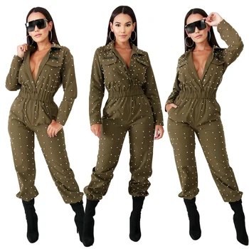 

Women Jumpsuit Long Sleeve Romer Elastic Waist V Neck Playsuit Trousers Beads Long Pants Overalls Casual Pocket Outfits Female