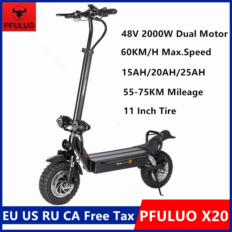

PFULUO X20 Smart Electric Scooter 48V 2000W Dual Motor Wheel 11inch Off-Road Skateboard with LCD Display
