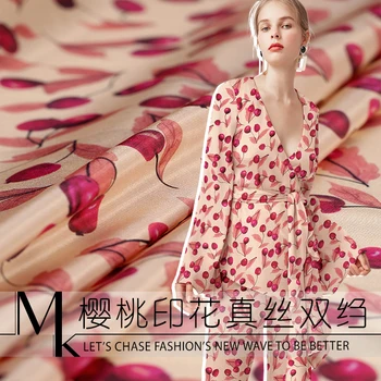 

Mulberry silk crepe de chine fabric cloth per meter 16mm 137 cm wide cherry printed clothing shirt dress fabric alibaba express