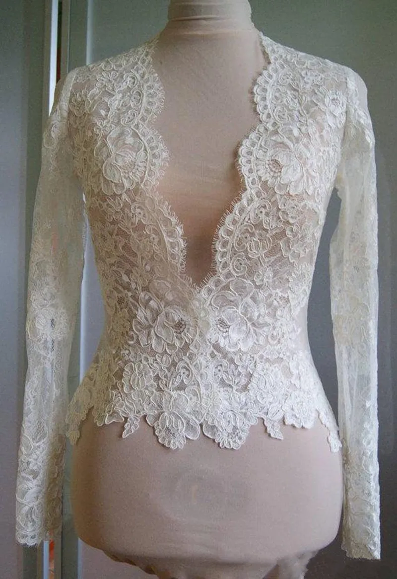 

Ivory Lace Wedding Wrap Bolero Jacket White Bridal Long Sleeves Tops Shawl V Neck Custom Made