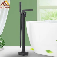 Quyanre Matte Black Square Bathtub Shower Faucets Floor Standing Faucet Hot Cold Water Shower Mixer Tap Bathroom Waterfall Mixer 1