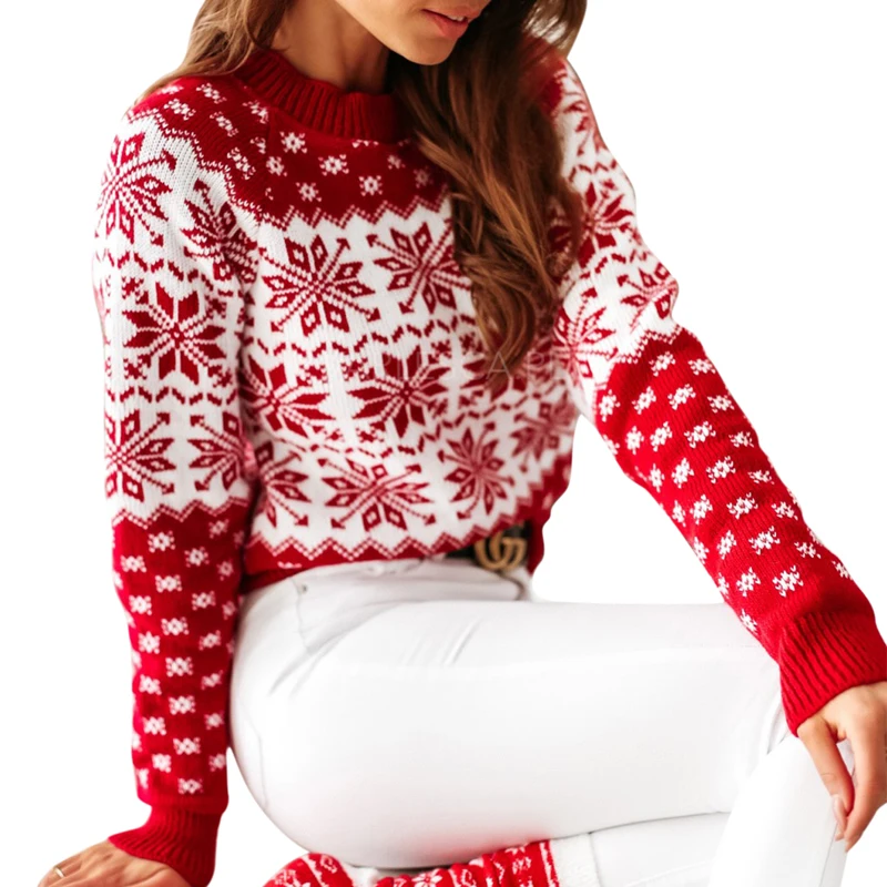 Women Christmas Snowflake Printed Sweater Full Length Regular Sleeve Pullover Round Neck Acrylic Elegant Fashion Sweater