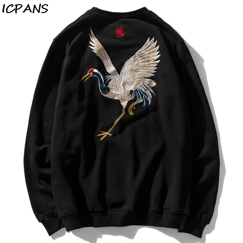 ICPANSPullover Sweatshirts Hoodies Harajuku Hip Hop Casual Streetwear Sweatshirt Tops Men Embroidery Crane Fashion Hoodie