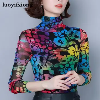 

Long Sleeve Turtleneck Fashion Print Lace Blouse Women Shirts Korean Elasticity Slim Ladies Tops 2019 Autumn New Women Blouses