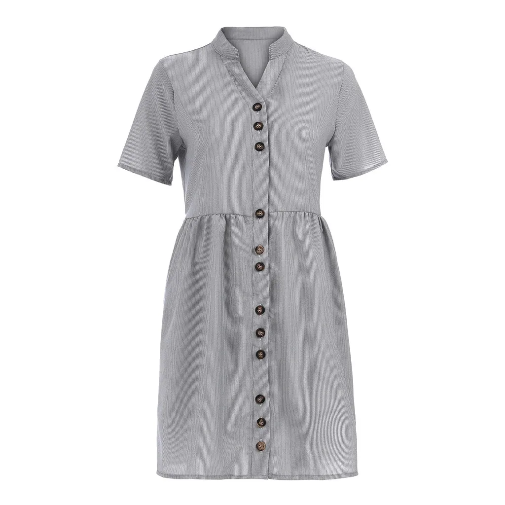 Dress Summer Women Sexy Elegant Fashion WoMen V-Neck Vertical Strip Short-Sleeved Pattern Loose Pocket Dress Vestito Donna