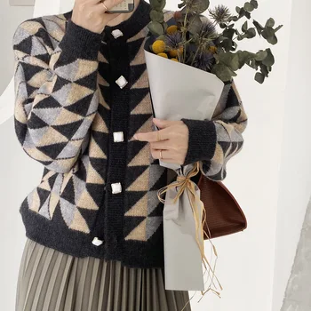

Argyle Cardigan Women 2020 Winter Long Sleeve Sweater Korean Style Vintage Jumper Button Up Color Block Single Breasted Knitwear