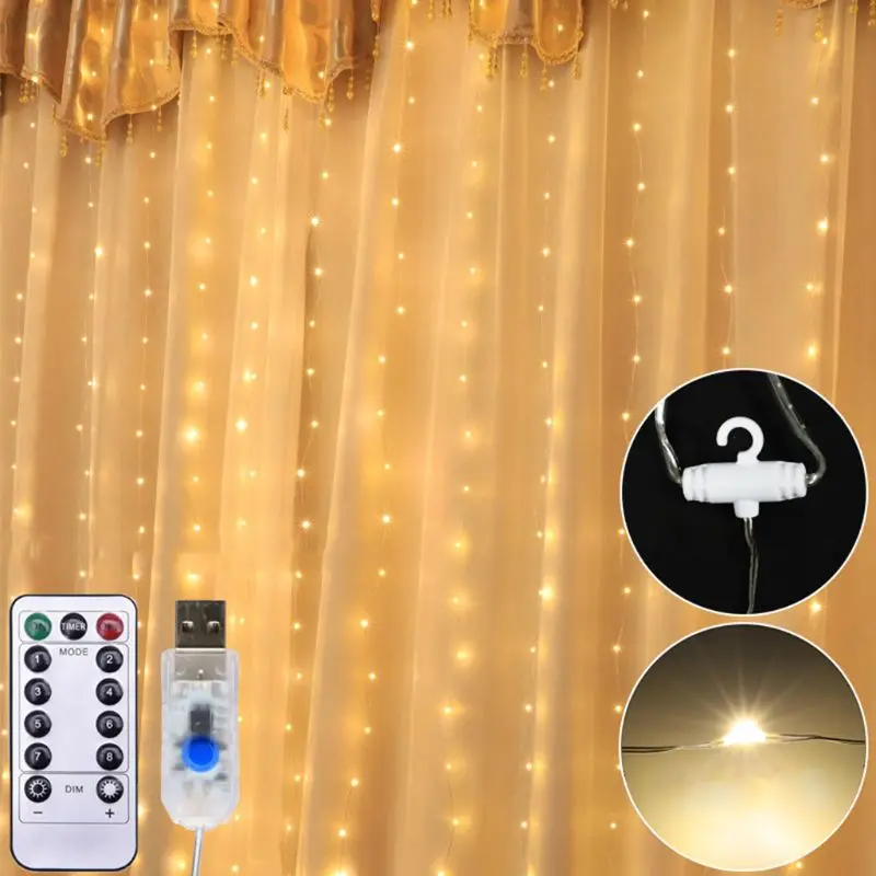 

300LEDs USB Fairy String Light Curtain 8 Lamp Modes Holiday Wedding Home Bedroom Q84D for LED