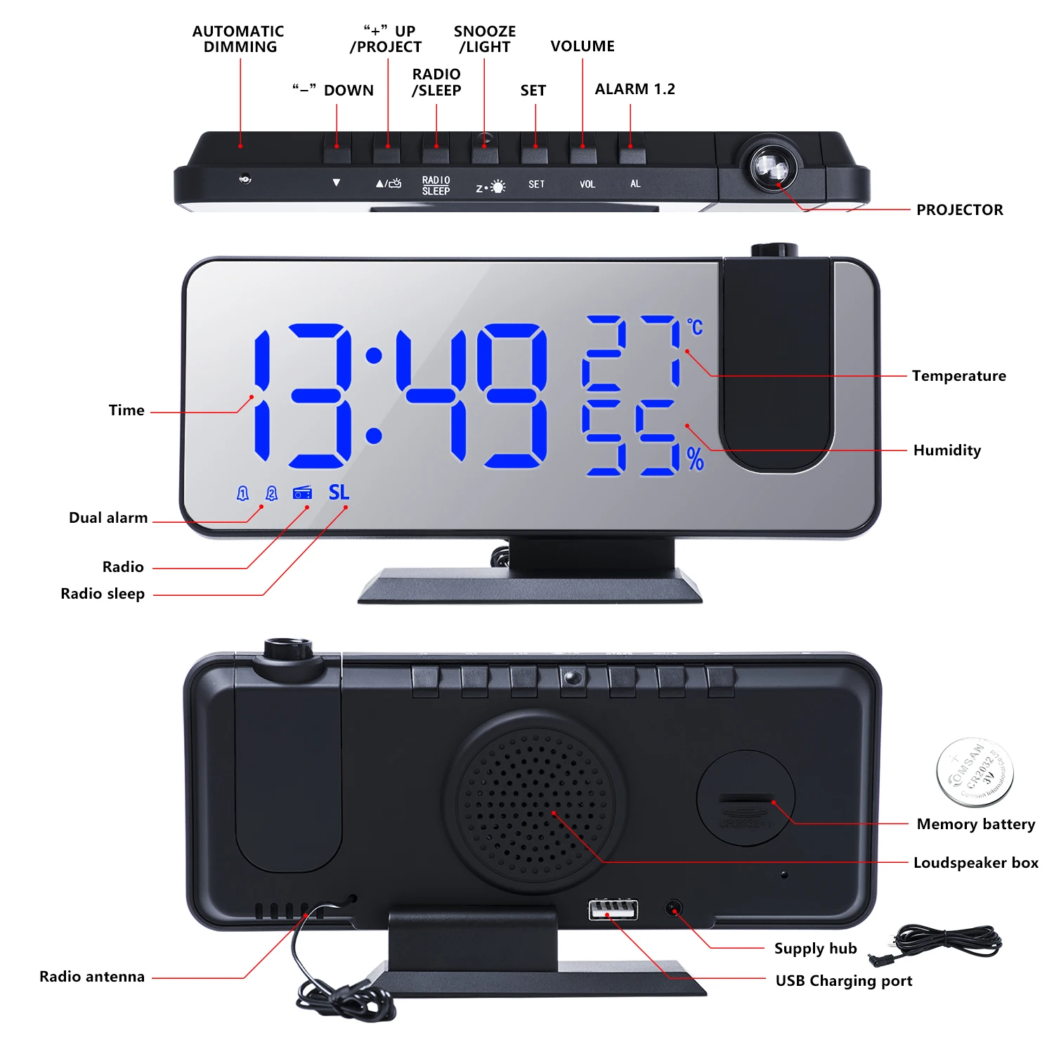 Digital Projection Alarm Clock with FM Radio Smart Home Bedroom Bedside Clock Projector LED Electronic Desktop Alarm Clock Digit ► Photo 3/6