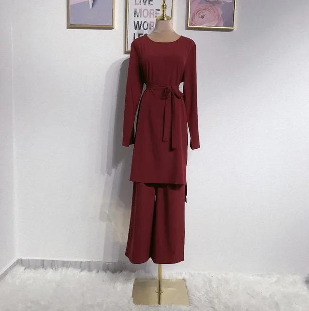 Абая для женщин комплект из 2 предметов Блузка Топы со штанами Caftan Дубайский Мусульманский платье хиджаб JilbabTurkish Marocain Kaftan Islamic - Цвет: Jujube red set