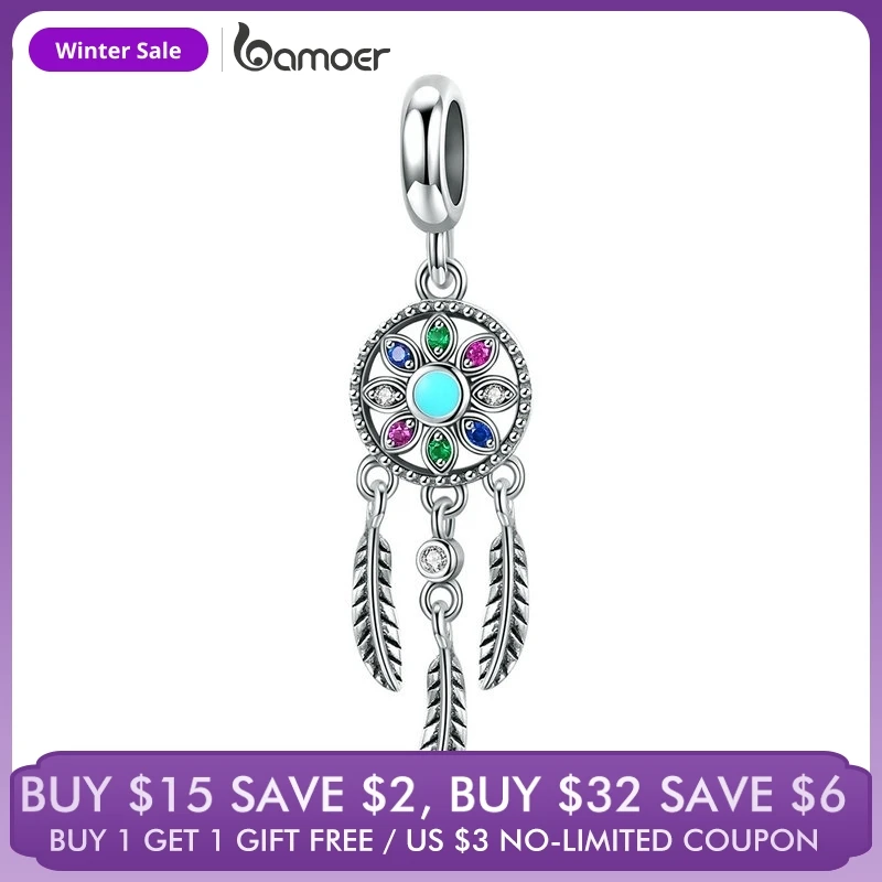 

bamoer Authentic 925 Sterling Silver Bohemian Dream Catcher Pendant Charm fit Bracelet Necklace Silver DIY Jewelry Making SCC961