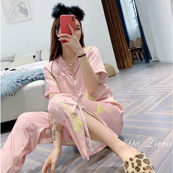 

QWEEK 2020 Summer Pajamas for Women New Home Clothes Loungewear Pyjama Set Fashion Pijama Feminino Silk Sleepwear Sexy Nightwear
