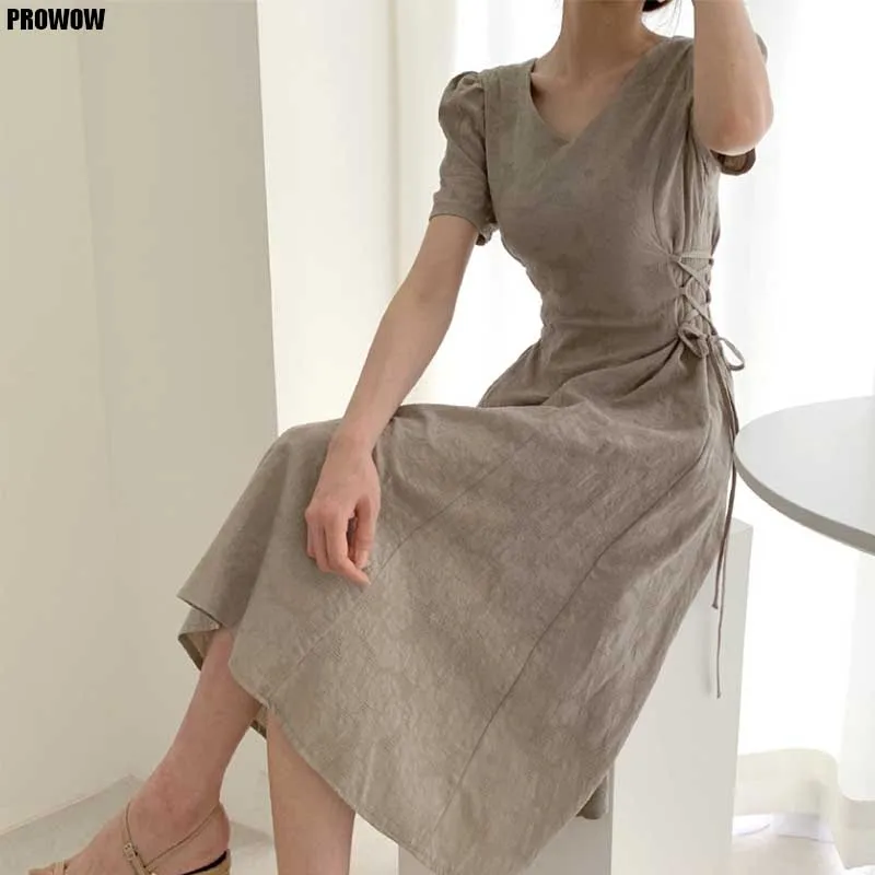 

2020 Summer Elegant Fashion Dress V-Neck Slim Waist Women Dress Vintage Office Lady Korean Dresses Cotton Linen Dress Vestidos
