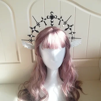 

Handmade Virgin Halo Headdress Tiara Dark Wings Pearl Cross Photograph Style Retro Fashion