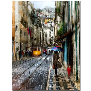 

5D DIY Diamond Embroidery Rain in Lisbon Full Diamond Painting Town Cross Stitch Landscape Picture Diamond Mosaic Decor