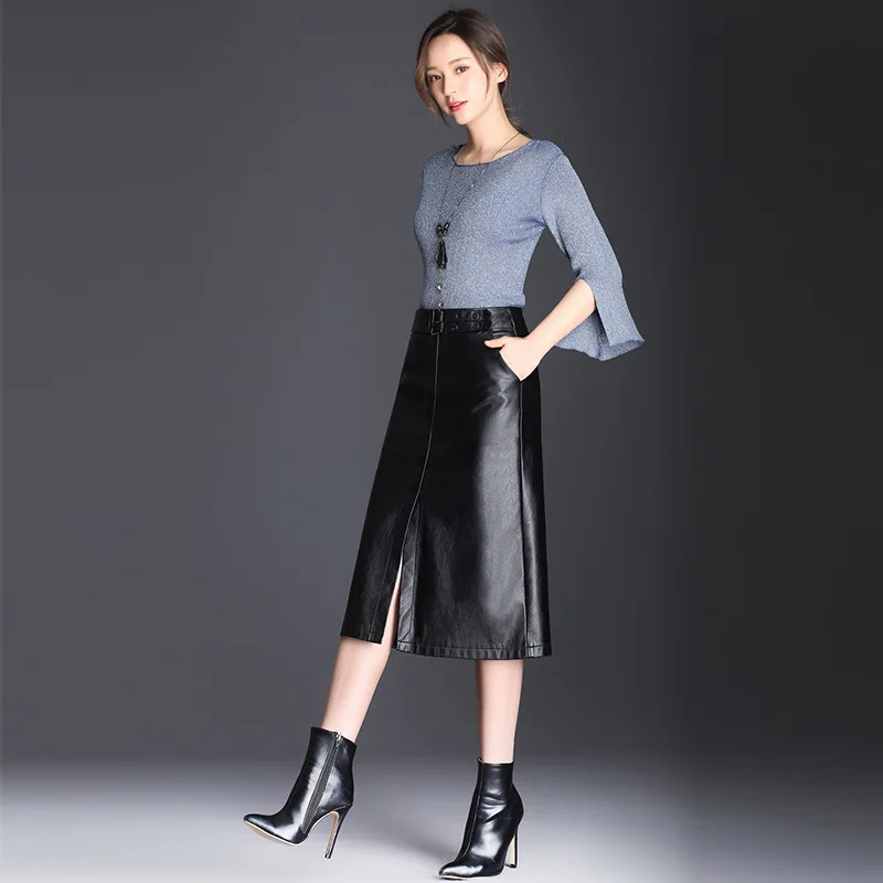 

PU Leather Culottes Autumn And Winter New Style High-waisted Slimming Outer Wear Skirt Slit Hem High-waisted Shaping A- line Ski