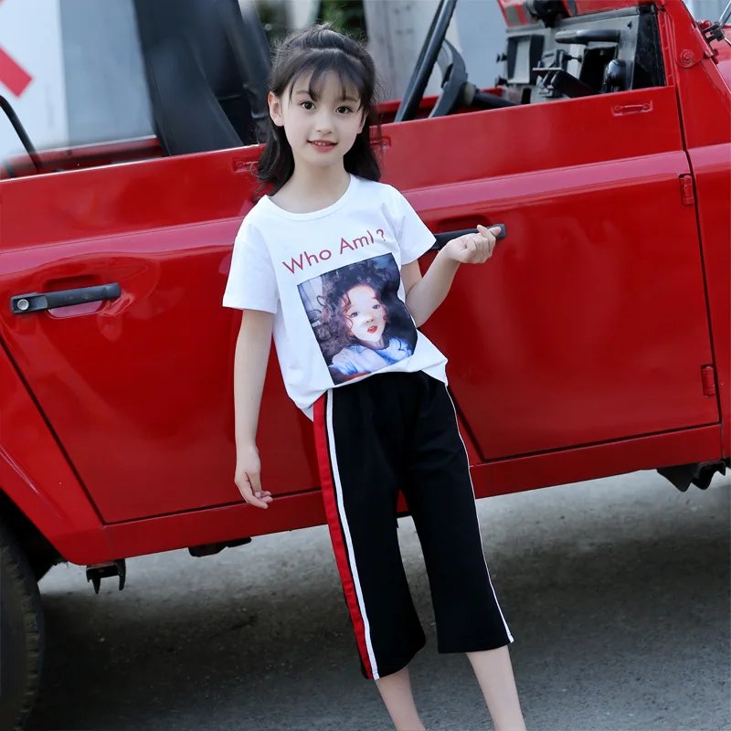 

2019 Toddler Girls Summer Clothing Set Kids Cartoon Print White Top Tshirt + Pant Sports Suits Clothes for Girls 8 10 12 Years