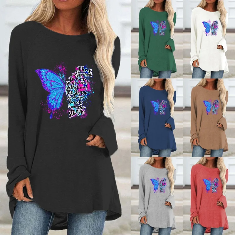 

The New Autumn and Winter Fashion Women Printing Graphic Tee Long Sleeve Round Neck Pullover Plus Size Loose Casual Tops-tees