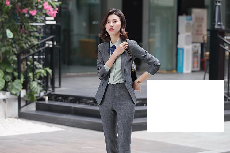 New female elegant Women's Black Gray Pants Suit trouser Blazer costumes jacket Suits ladies office wear uniforms 2 piece blouse
