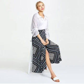 

Women Drawstring Mid-Calf Skirts Asymmetrical Skirt Streetwear Print Summer High Waist Skirt