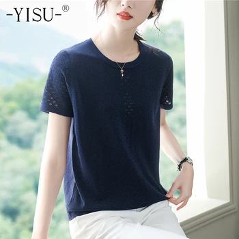 

YISU T Shirt Women Summer New O Neck Hollow Solid Tees Women Tops Loose Cutout Short Sleeve Casual Basic Ice Silk Knitted