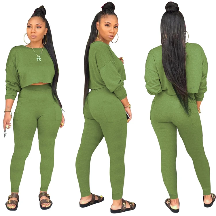 A080516 best price round neck solid candy color crop top pocket high waist ladies pants 2 piece sets