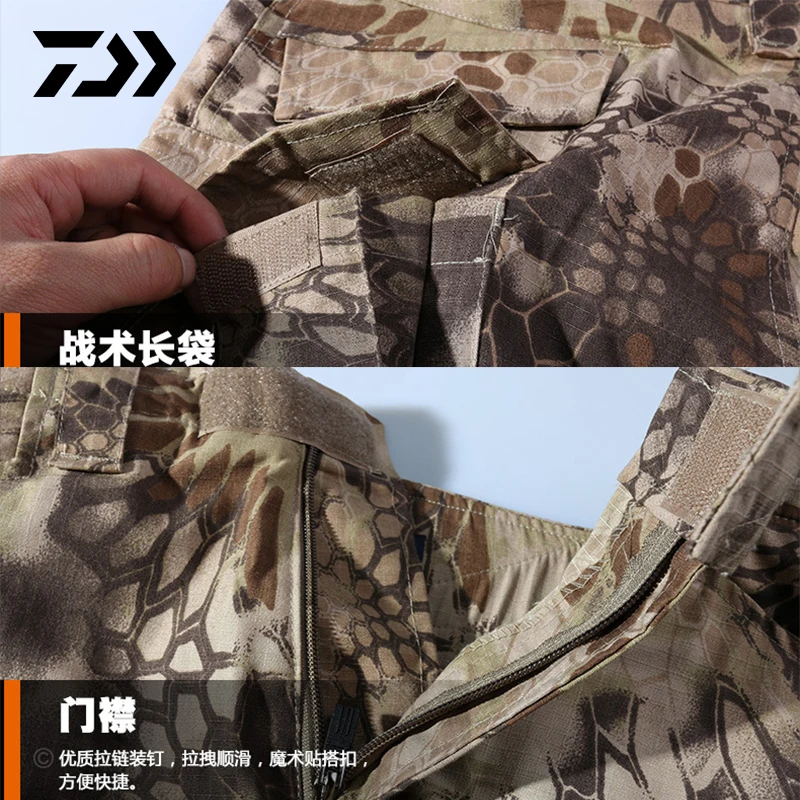 Daiwa рыбацкие штаны для отдыха на природе, походные ветрозащитные мужские брюки, дышащие быстросохнущие камуфляжные рыболовные штаны с принтом питона, комплект