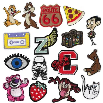 

Cartoon Sticker Strawberry Mr. Bean Bear iron on patches embroidery Squirrel Cat eyes Small Patch For Clothing Accessories badge