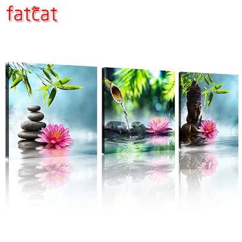 

FATCAT Green Bamboo Pink Water lily Zen Buddha 3 piece diy diamond painting full square diamond embroidery kit triptych AE1058