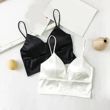 

Satin Crop Top Sleep Wear Wireless Bra Top Camisole Deep V Neck Singerie Sexy Strap Silk Bralette Bra Brassiere Push Up Bras Top