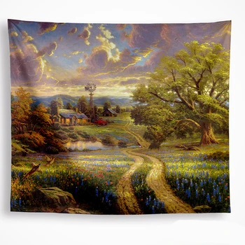 

blue flower village landscape tapestry wallhanging green tree Country road nature decor tapestry tenture mural