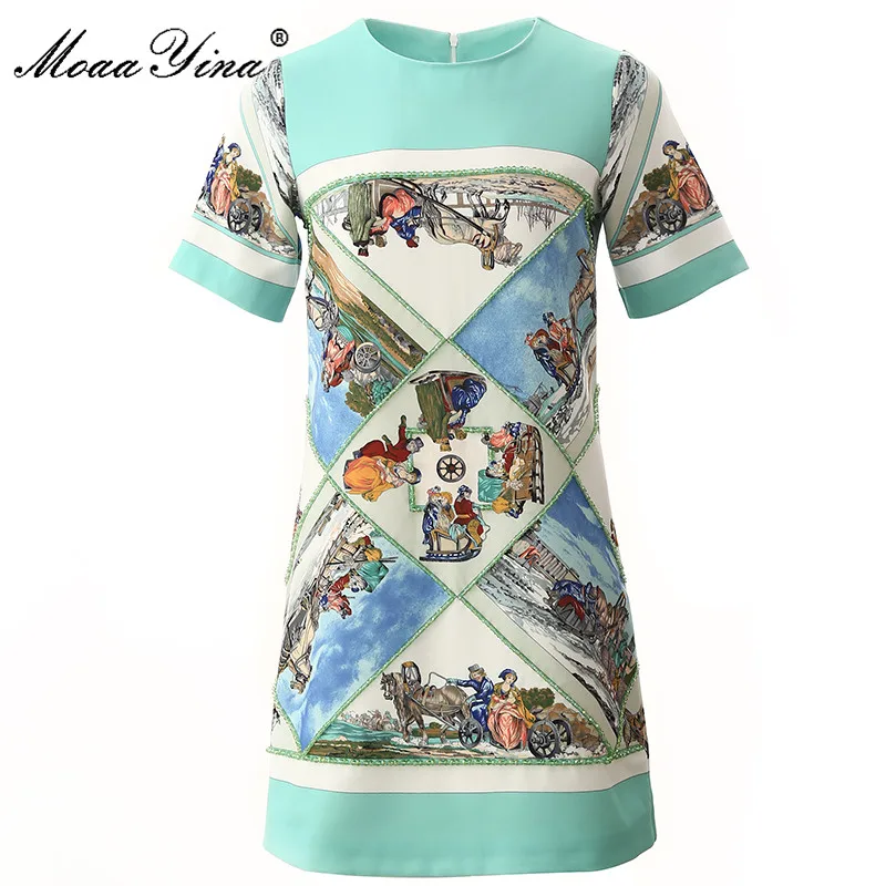 

MoaaYina Fashion Designer dress Summer Women's Dress Short sleeve Beaded Embroidery Character Print Dresses